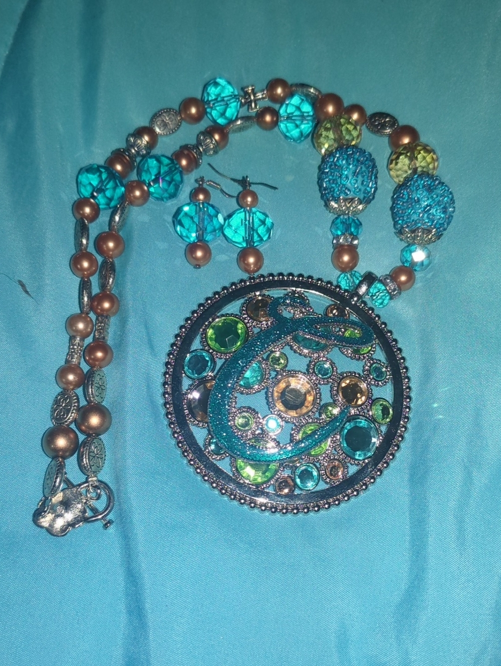 Crystal Peacock Pendant Necklace Set in Teal and Green